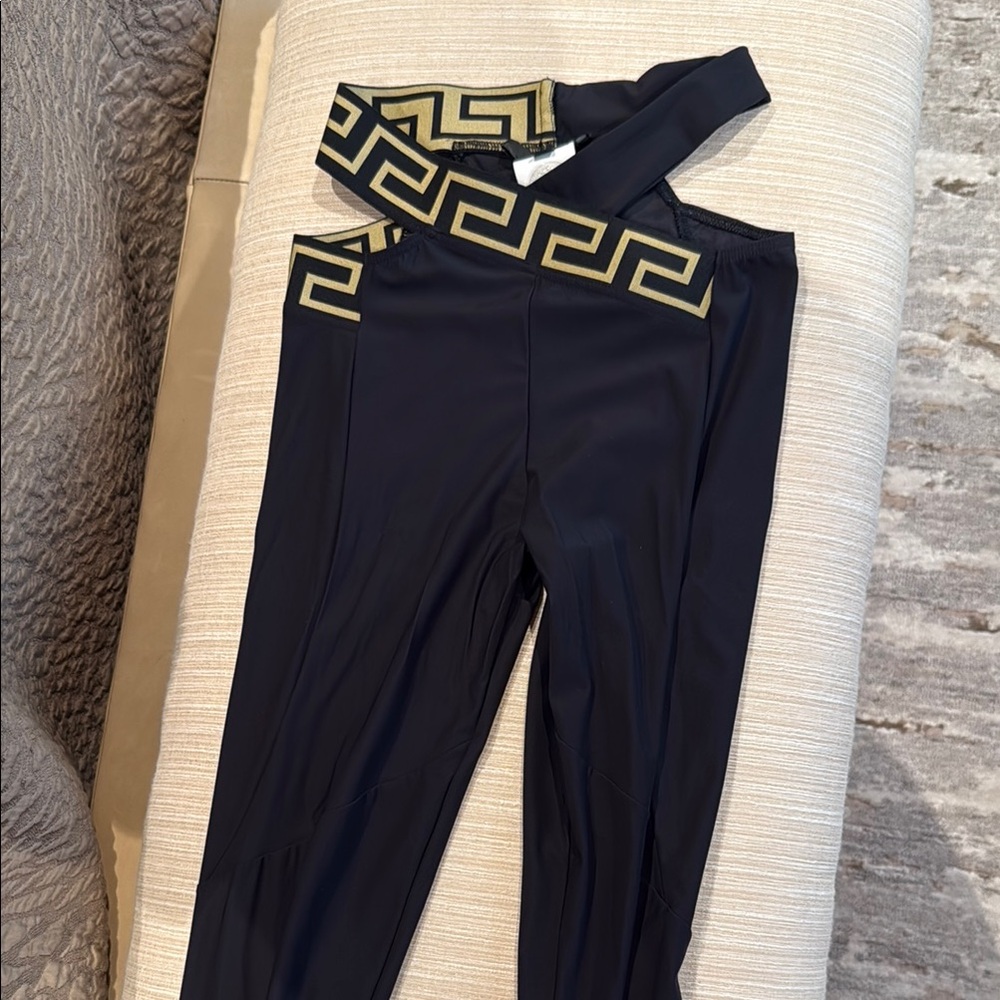 Versace Black Leggings with Gold Greek Key Design